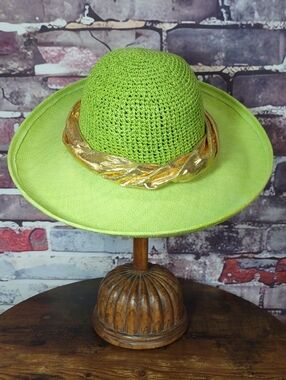 Green Wide-Brim Sun Hat with Gold Accent